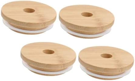 Mason Jar Lids with Straw Hole Reusable Sealing Covers Wood Bamboo Design