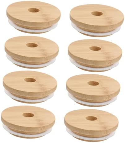VOSAREA 8pcs Wooden Mason Jar Lids with Straw Hole