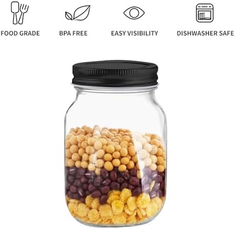 Novelinks 16 OZ Clear Plastic Mason Jars with Airtight Lids - 6 Pack Black