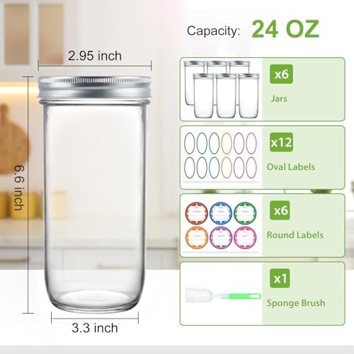 24 oz Mason Jars 6-Pack Canning Fermenting Jar Set