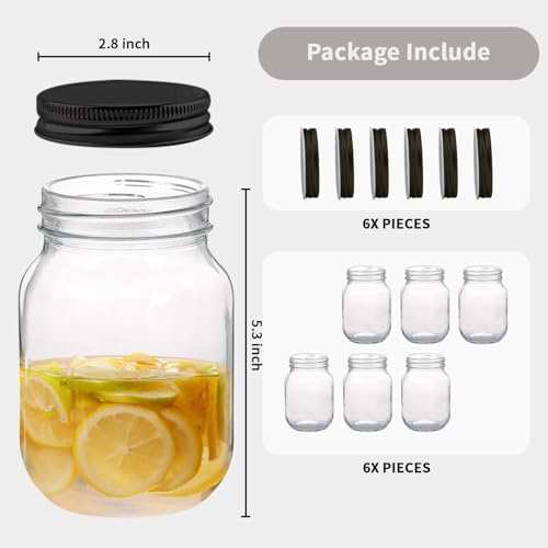 Novelinks 16 OZ Clear Plastic Mason Jars with Airtight Lids - 6 Pack Black