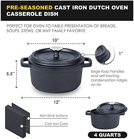 4 Quart Bruntmor Cast Iron Braising Pan with Lid and Handles