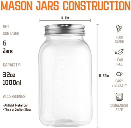 32oz clear plastic mason jars with lids 6-pack