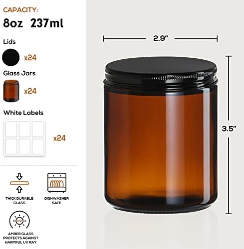 AOME 24 Pack 8oz Amber Glass Jars with Black Lids