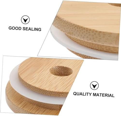 Mason Jar Lids with Straw Hole Reusable Sealing Covers Wood Bamboo Design