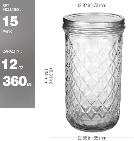 Verones Mason Jars 12 OZ - 15 Pack