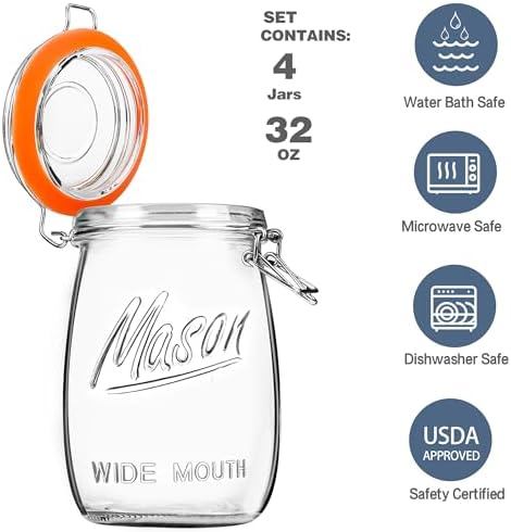Anwoi Wide-Mouth Mason Jars 4-Pack 32 oz