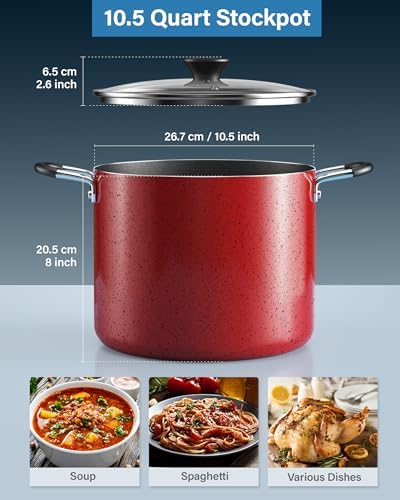 Cook N Home 105 Qt Nonstick Stockpot with Marble Red Glass Lid