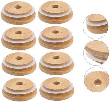 Mason Jar Lids with Straw Hole Reusable Sealing Covers Wood Bamboo Design