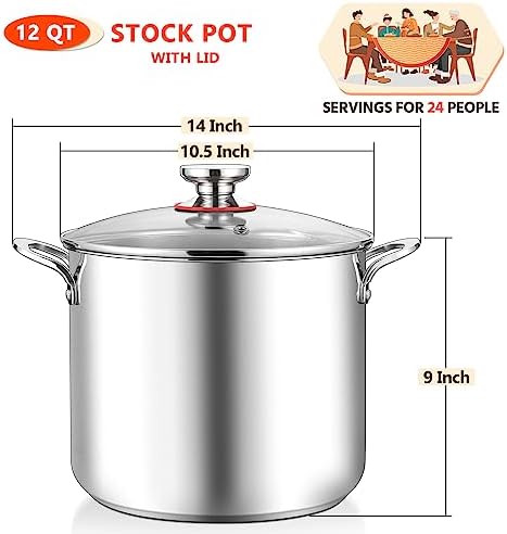 E-far 12-Quart Stock Pot with Lid 1810 Stainless Steel