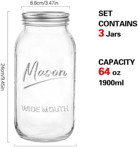 3-Piece Mason Jars with Airtight Lids for Storage