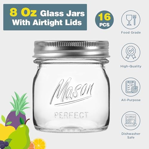 Esrentle 16 Pack 8 oz Mason Jars with Airtight Lids