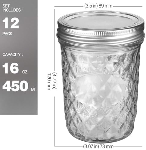 12-Pack 16oz Wide Mouth Mason Jars Verones Preserve Canning Jar Set