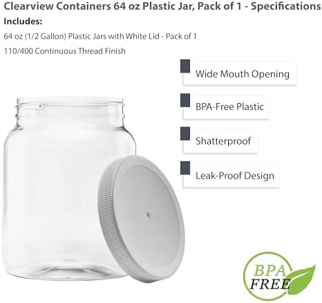 Clearview Containers 64 Ounce Half Gallon Jar with Leak Proof Lid