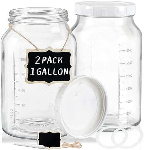 2-Pack 1 Gallon Glass Jars with Lid Wide Mouth Durable BPA-Free
