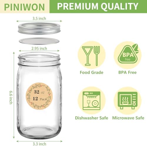 PINIWON Wide Mouth Mason Jars 32 oz 12 Pack