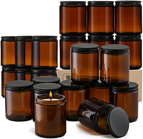 AOME 24 Pack 8oz Amber Glass Jars with Black Lids