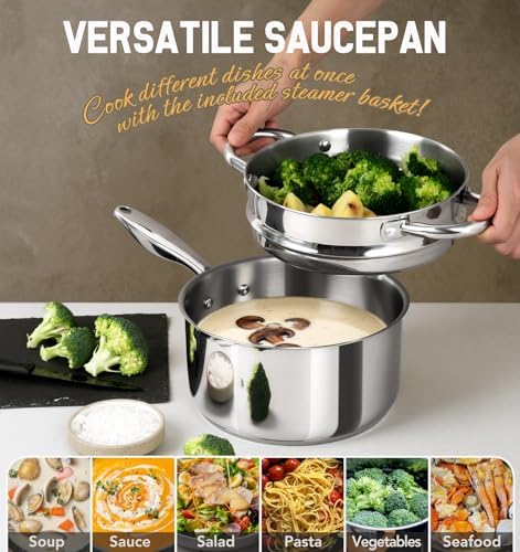 Ergonomic 3 Quart Stainless Steel Saucepan with Lids