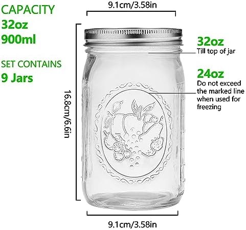 eleganttime 9-Pack 32 Oz Wide Mouth Mason Jars