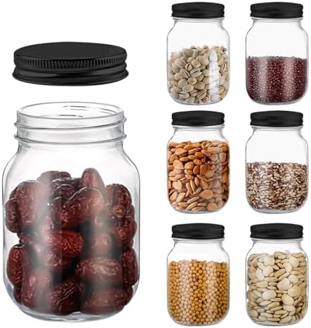 Novelinks 16 OZ Clear Plastic Mason Jars with Airtight Lids - 6 Pack Black