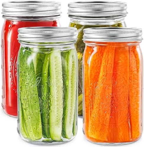 Wide Mouth Mason Jars 32 oz 4 Pack Fermenting Pickling Freezing Preserving Jar