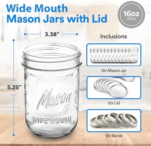 Wide Mouth Mason Jars 16 oz 12 Pack
