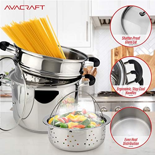Avacraft 4-Piece Stainless Steel Pasta Set 7 Quart Glass Lid Steamer Basket