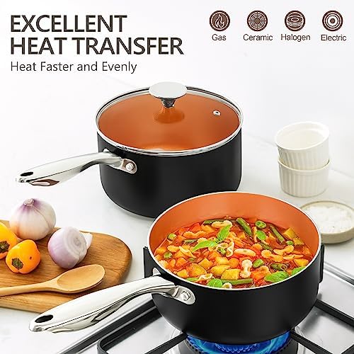 Michelangelo Copper 2QT 3QT Saucepan Set Non-Stick Ergonomic Design