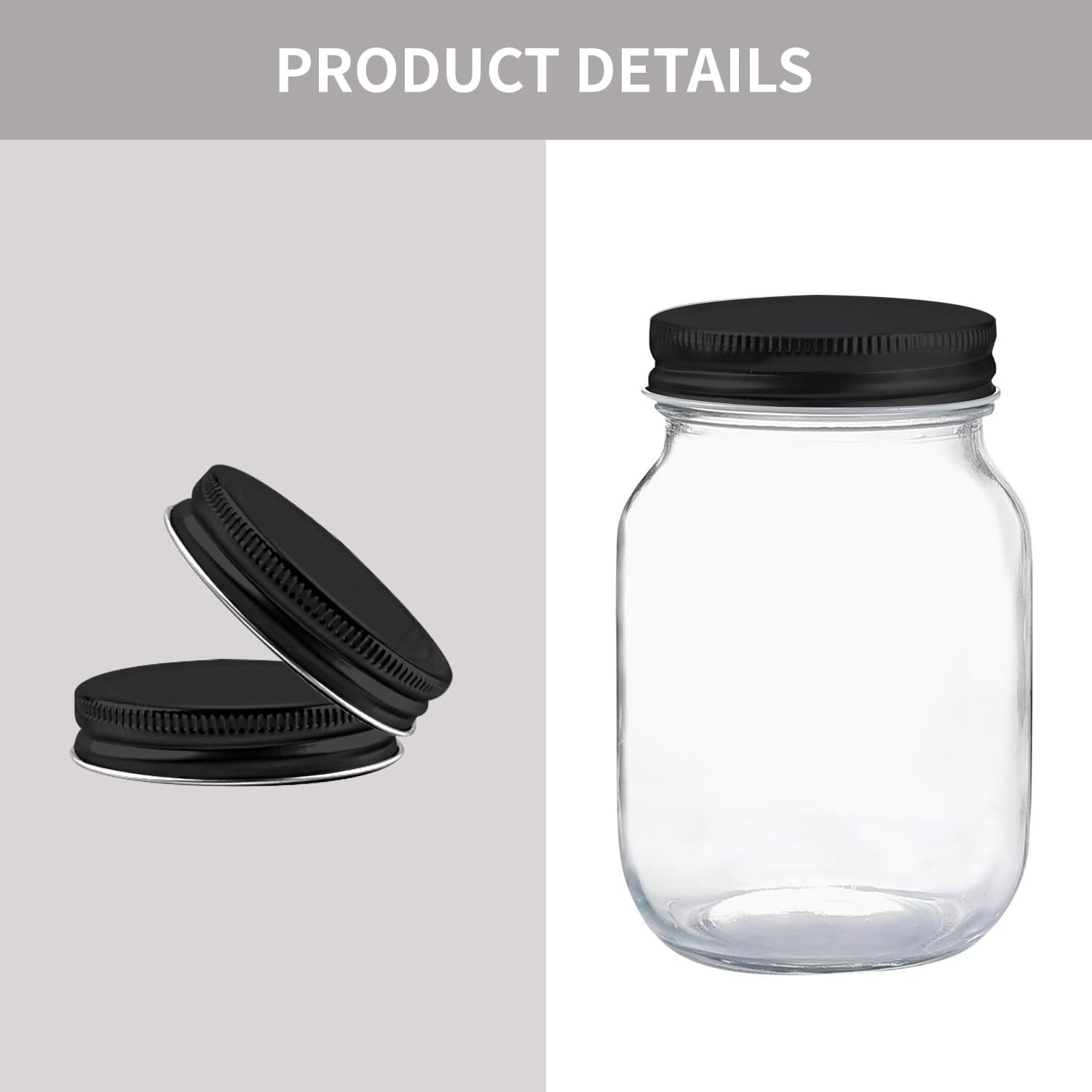 Novelinks 16 OZ Clear Plastic Mason Jars with Airtight Lids - 6 Pack Black