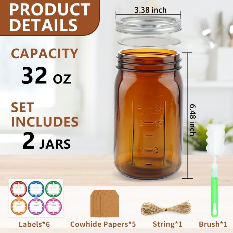 CARBLIN 2 Pack 32 oz Amber Canning Jars with Lids and Labels