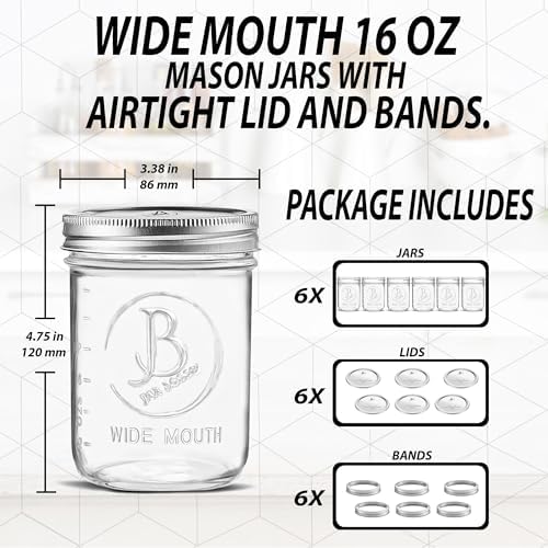 Jar Boss Wide Mouth Mason Jars 16oz 6-Pack