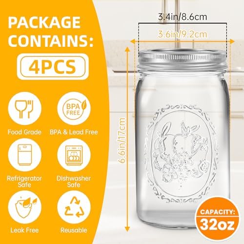 Wide Mouth Mason Jars 32 oz 4 Pack Fermenting Pickling Freezing Preserving Jar