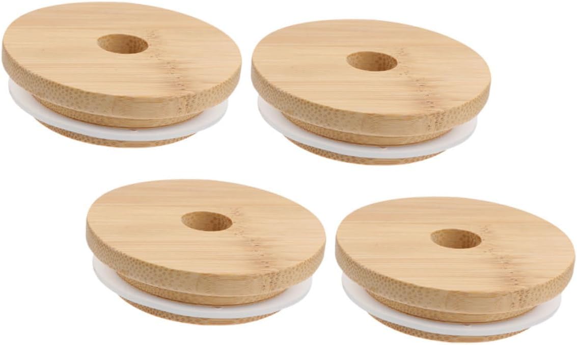 Mason Jar Lids with Straw Hole Reusable Sealing Covers Wood Bamboo Design