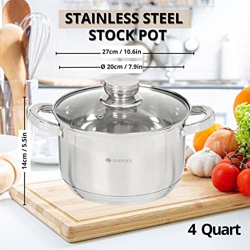 Daniks Standard Stainless Steel Stock Pot with Glass Lid 4 Quart