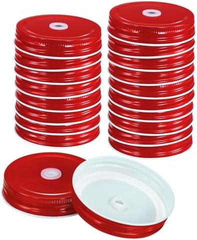 Uxcell 24Pcs Red Mason Jar Lids with Straw Hole