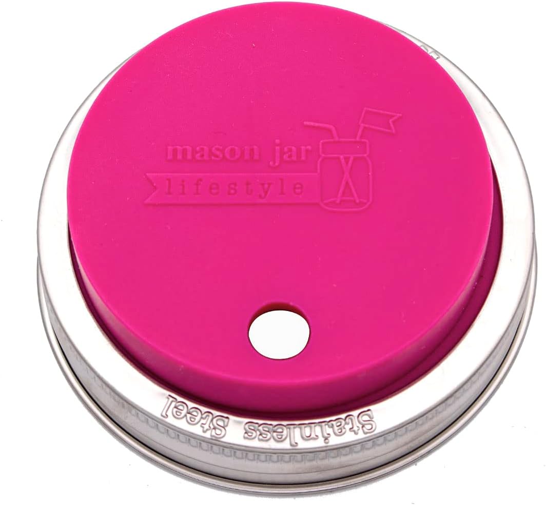 Berry Pink Wide Mouth Silicone Straw Fermentation Lid w Stainless Steel Bands
