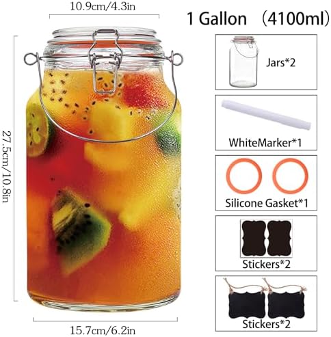 Galssmagic 1 Gallon Glass Jars 2 Pack with Airtight Lids