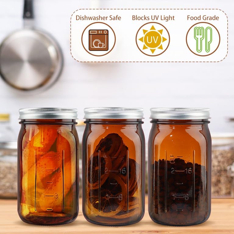 CARBLIN 2 Pack 32 oz Amber Canning Jars with Lids and Labels