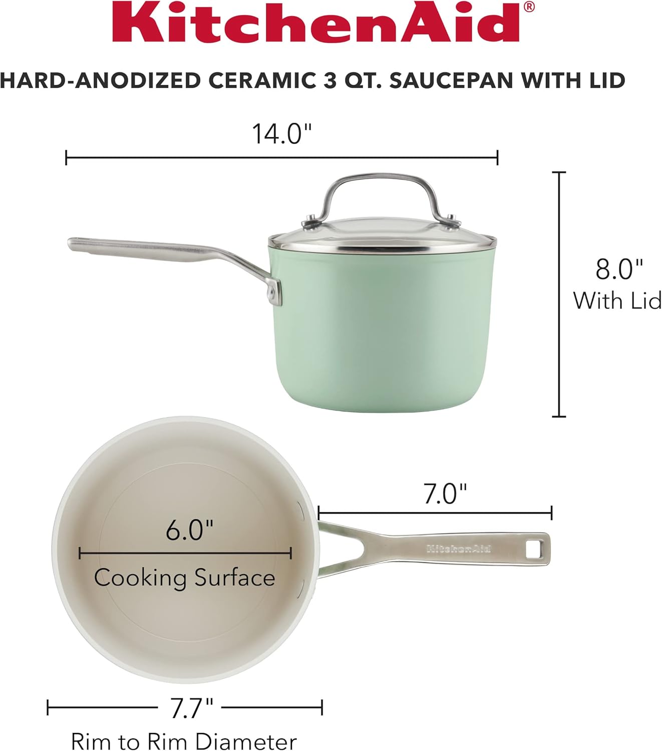 3 Quart KitchenAid Hard Anodized Ceramic Nonstick Sauce Pan With Lid Pistachio