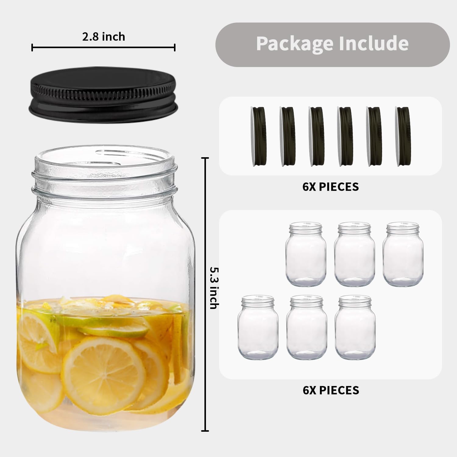 Novelinks 16 OZ Clear Plastic Mason Jars with Airtight Lids - 6 Pack Black