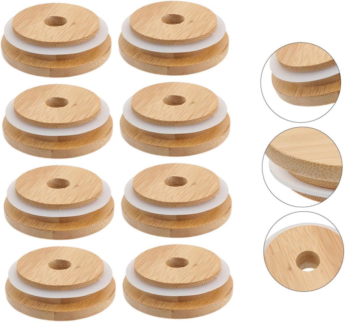 Mason Jar Lids with Straw Hole Reusable Sealing Covers Wood Bamboo Design
