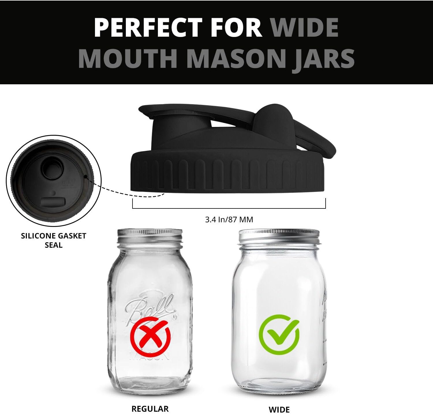 2 Pack Wide Mouth Flip Cap Mason Jar Lids Black