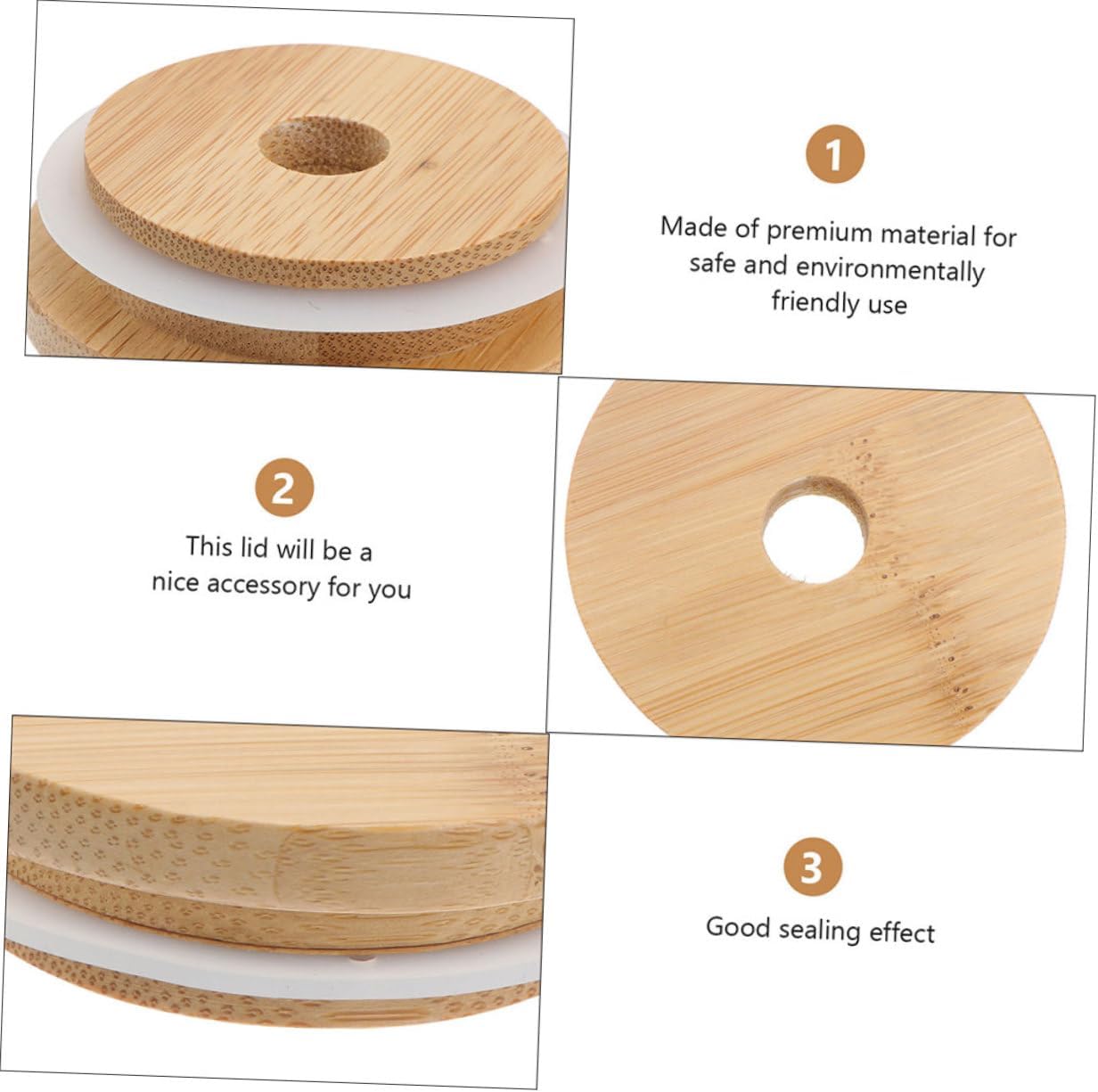 Mason Jar Lids with Straw Hole Reusable Sealing Covers Wood Bamboo Design