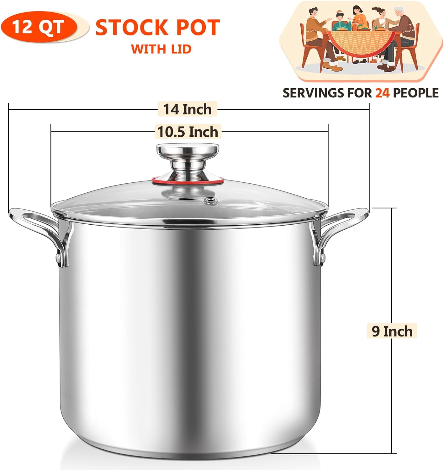 E-far 12-Quart Stock Pot with Lid 1810 Stainless Steel