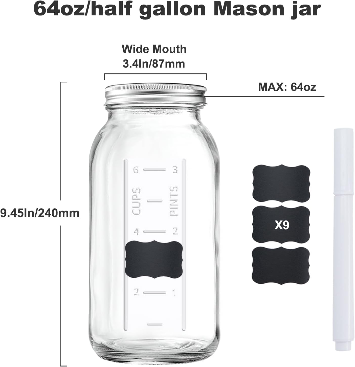 FyndraX 64 OZ Wide Mouth Mason Jars with Lids Pack of 3
