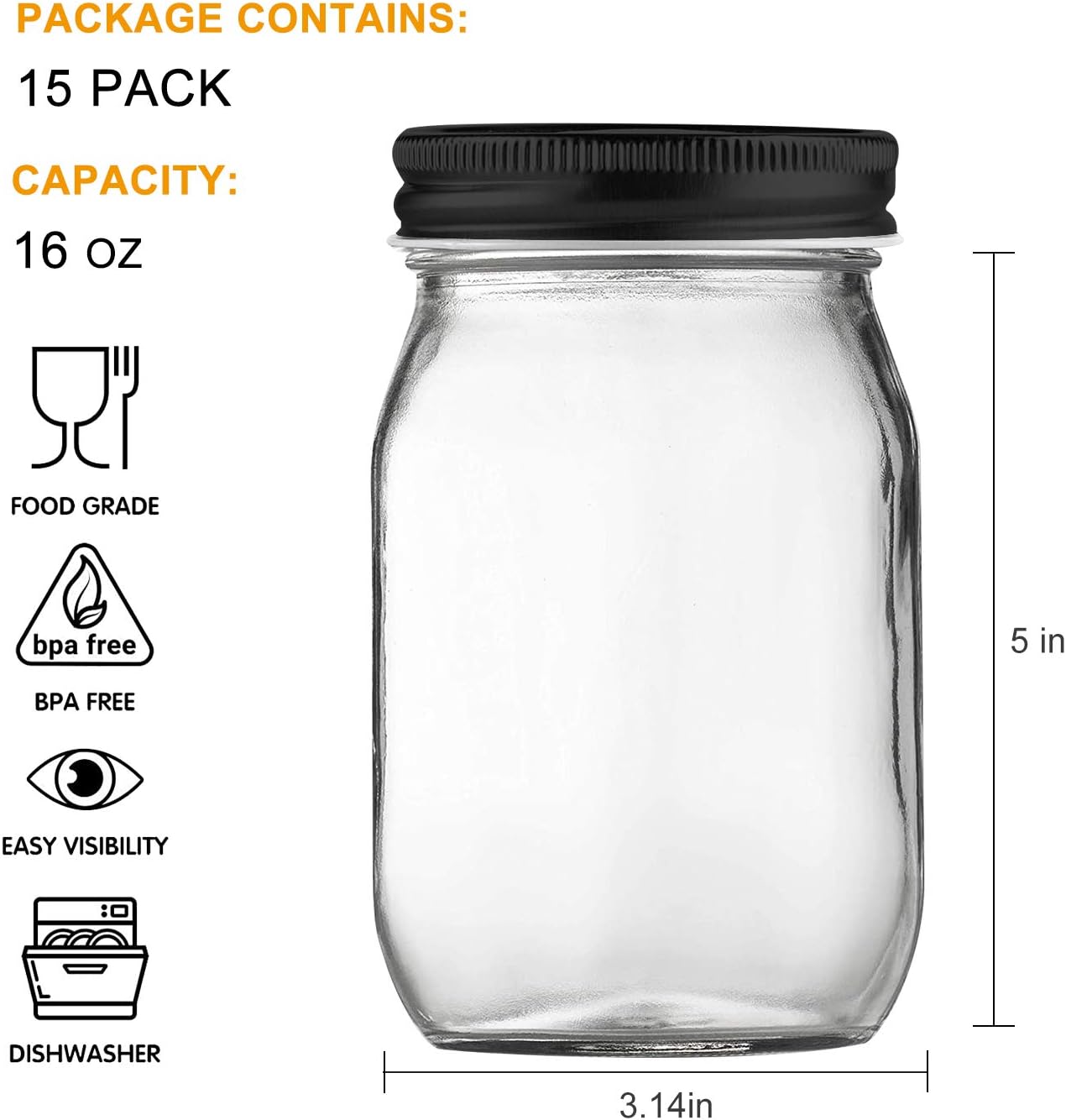 QAPPDA 15-Piece Preserve Canning Jars 16oz