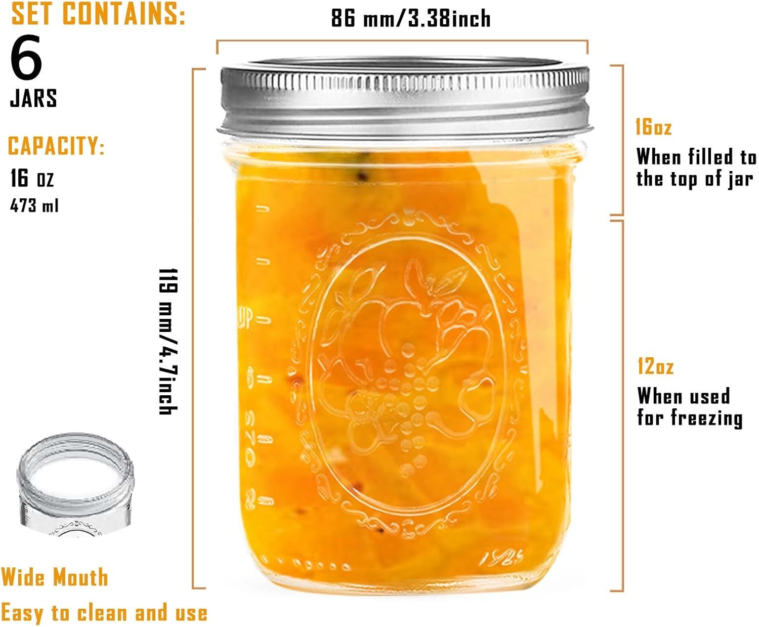 Wide Mouth Mason Jars 16 oz Canning More 6-Pack