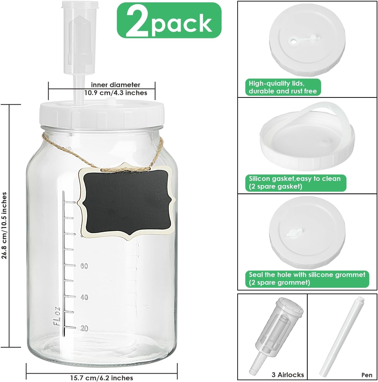 Qianfenie 2-Pack Fermentation Jars for Pickling Brewing Durable Airtight Glass