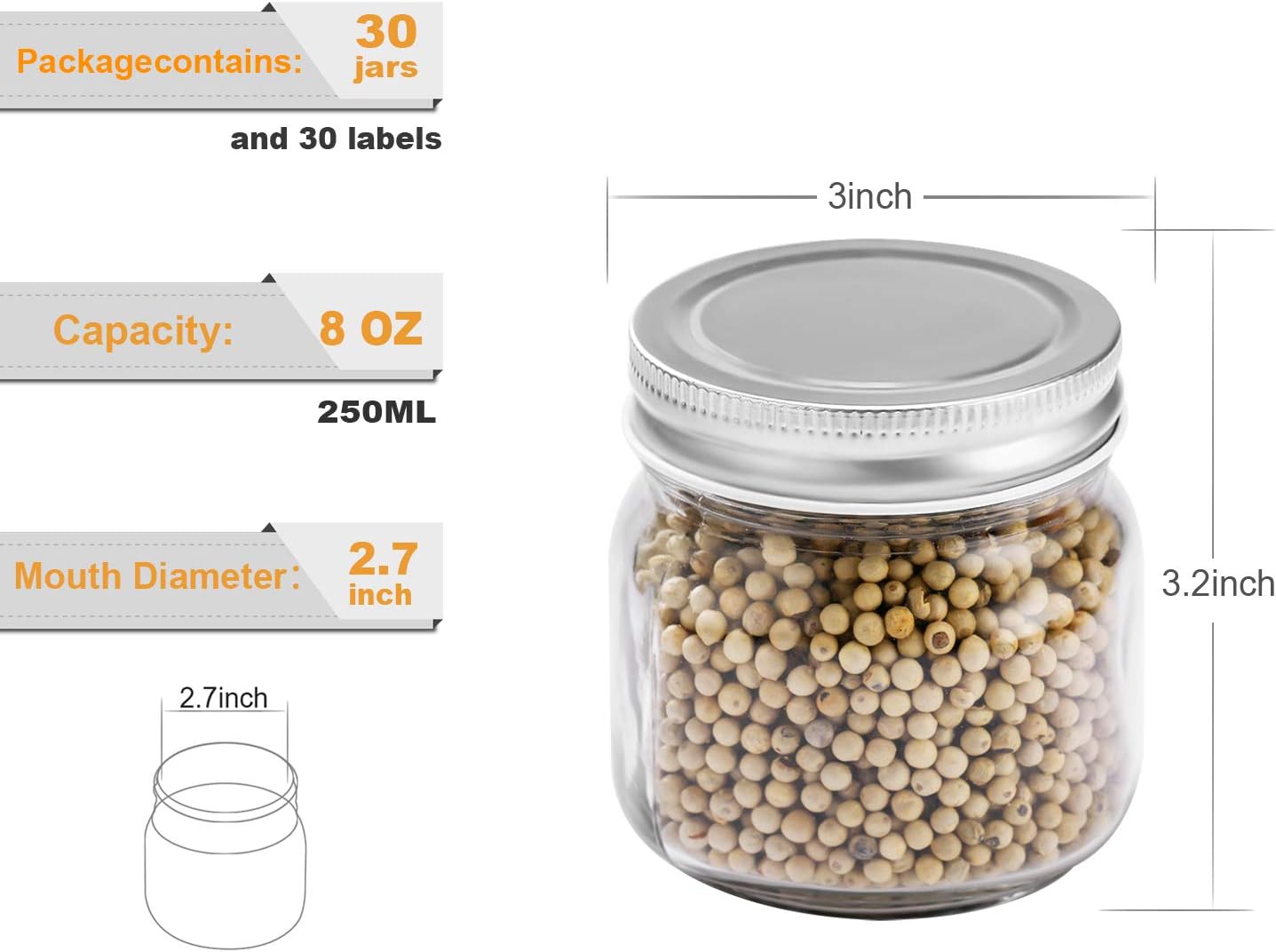 Rainforce Mason Jars 8 oz 30Pack Small Glass Canning Jars