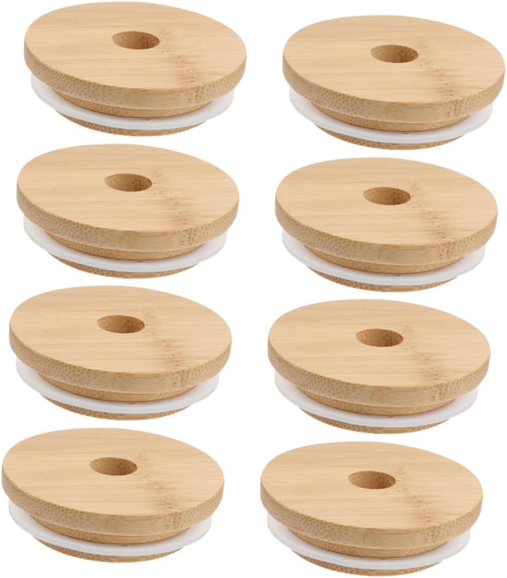 VOSAREA 8pcs Wooden Mason Jar Lids with Straw Hole
